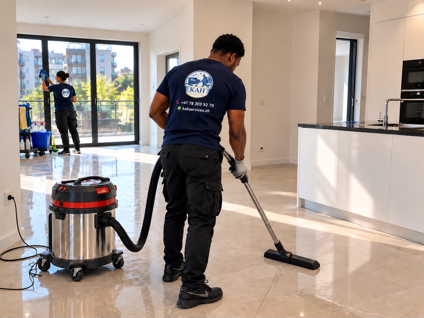 Deux agents KAH Services nettoient un appartement : aspiration au premier plan et lavage des vitres à l’arrière-plan