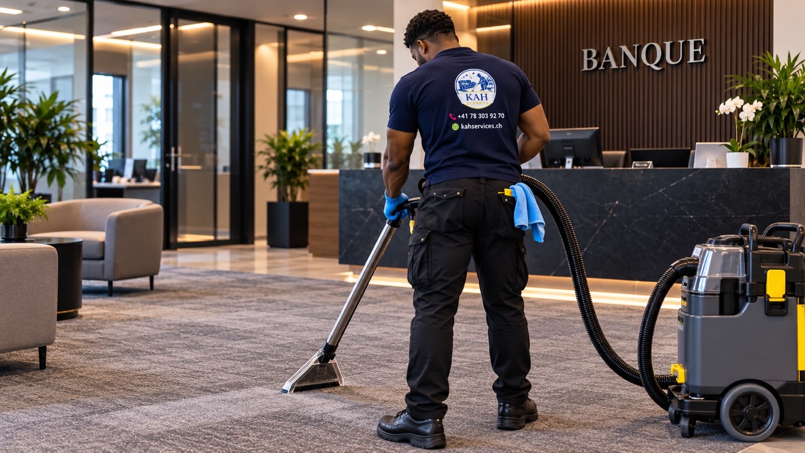 Agent KAH Services nettoyant la moquette de l’accueil d’une banque
