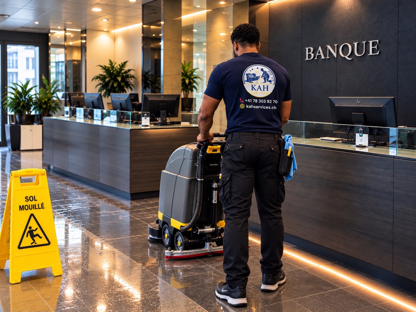Agent KAH Services entretenant le sol de l’accueil d’une banque