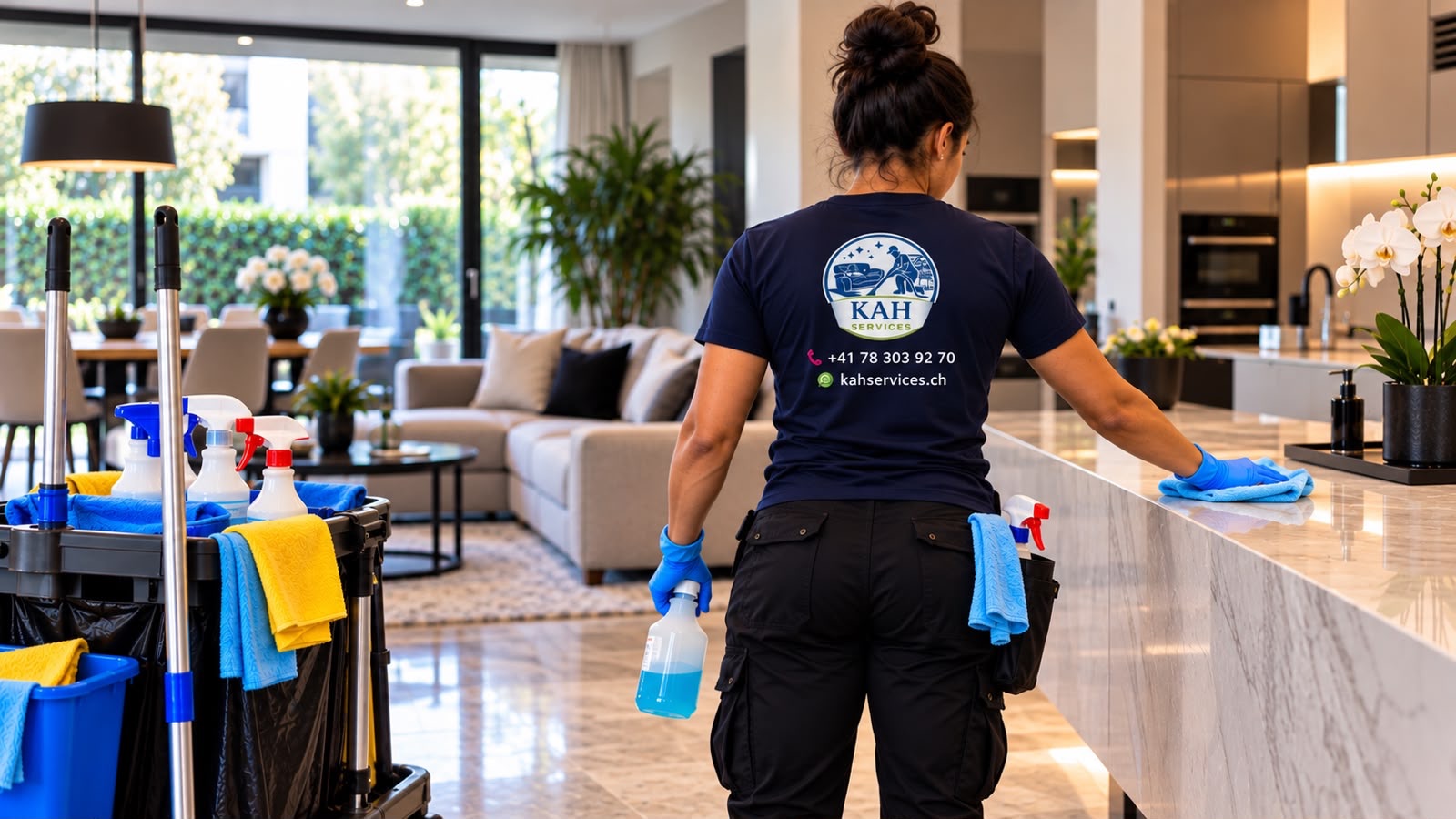 Agente KAH Services nettoyant la cuisine d’un domicile
