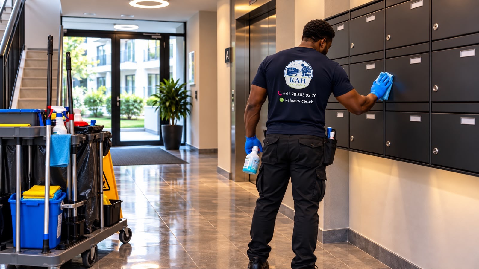 Agent KAH Services nettoyant les boîtes aux lettres et les parties communes d’un immeuble
