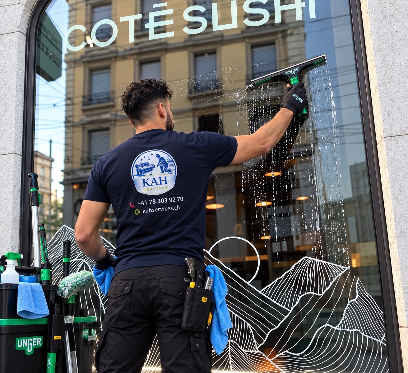 Agent KAH Services nettoyant une vitrine à Genève